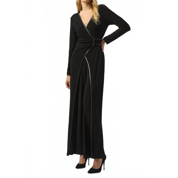 NEW JOSEPH RIBKOFF faux leather trim wrap jumpsuit in black